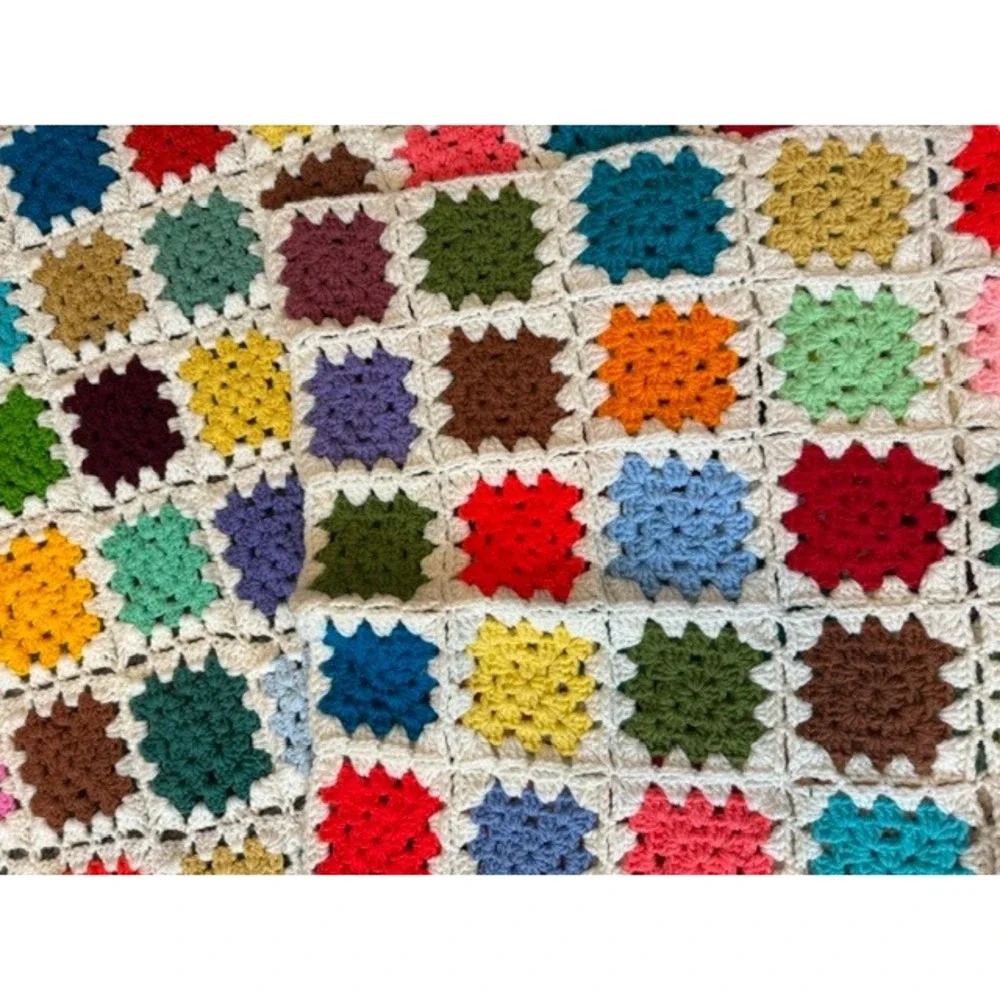 Vintage Handmade Crochet Granny Square Blanket Multi Boho Throw Afghan 67x60